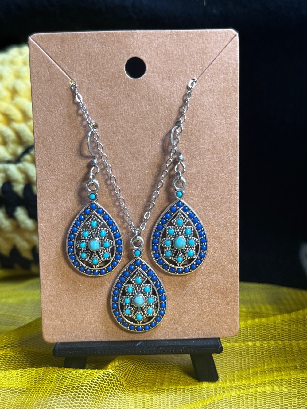 Turquoise & Cobalt Teardrop Pendant Necklace and Earring Set